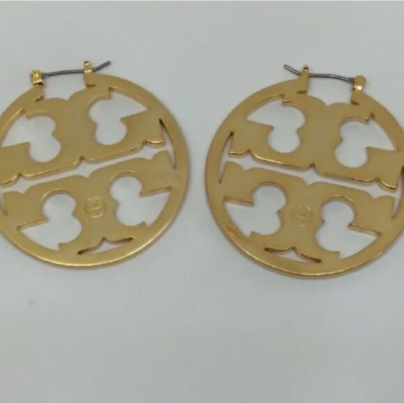 Tory Burch Gold and Black Enamel Logo Hoop Earrings NWT - Picture 7 of 8